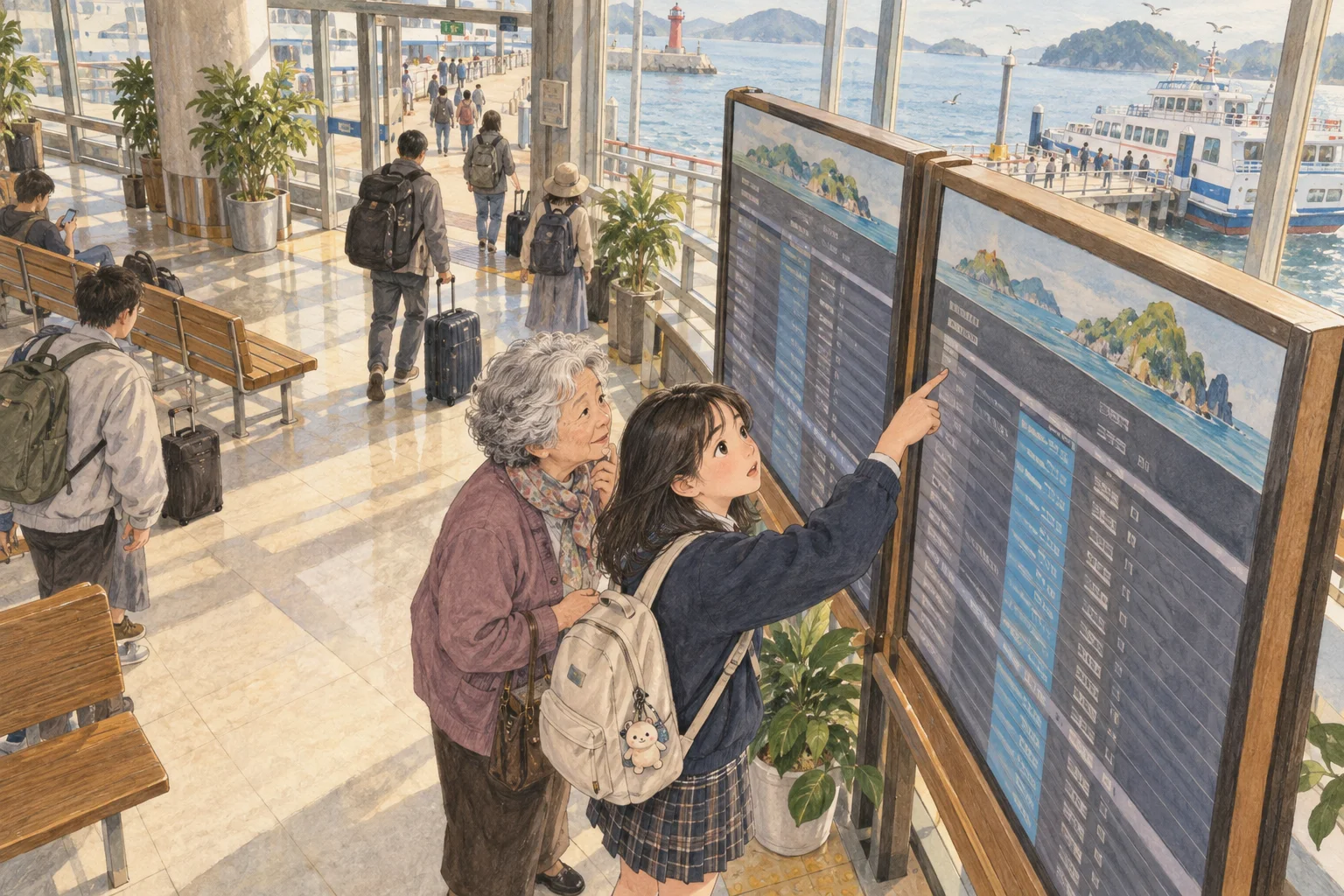 여객선 터미널에서 운항 여부를 확인하는 학생과 할머니