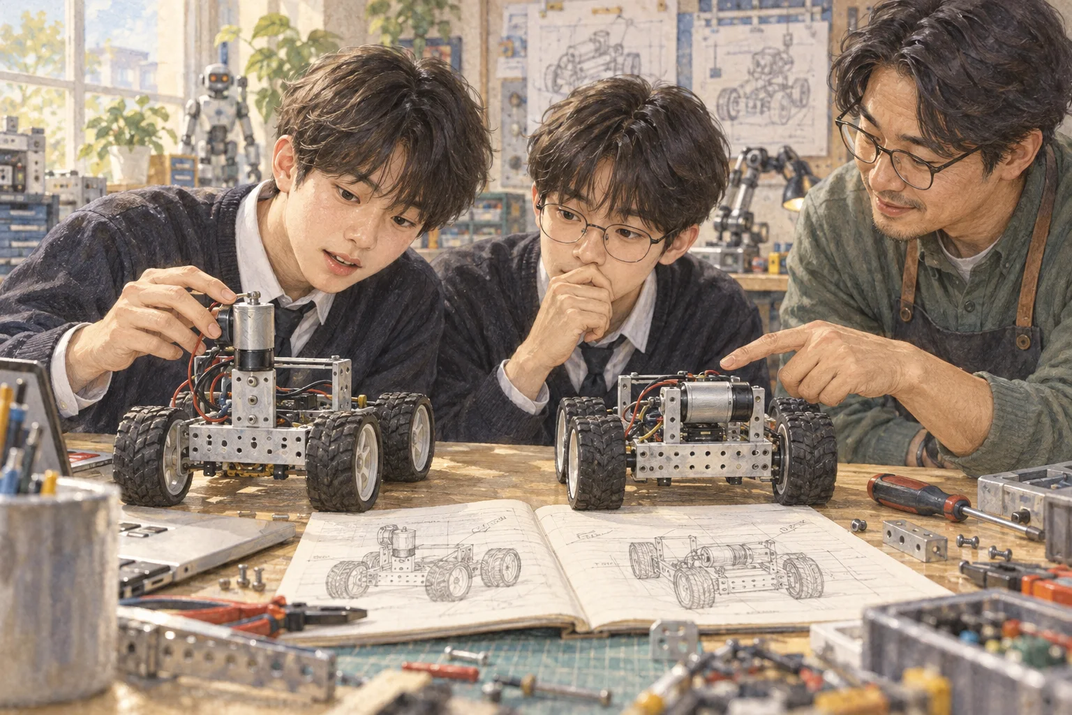 로봇 작업실에서 두 모터 위치의 가능성을 검사하는 학생