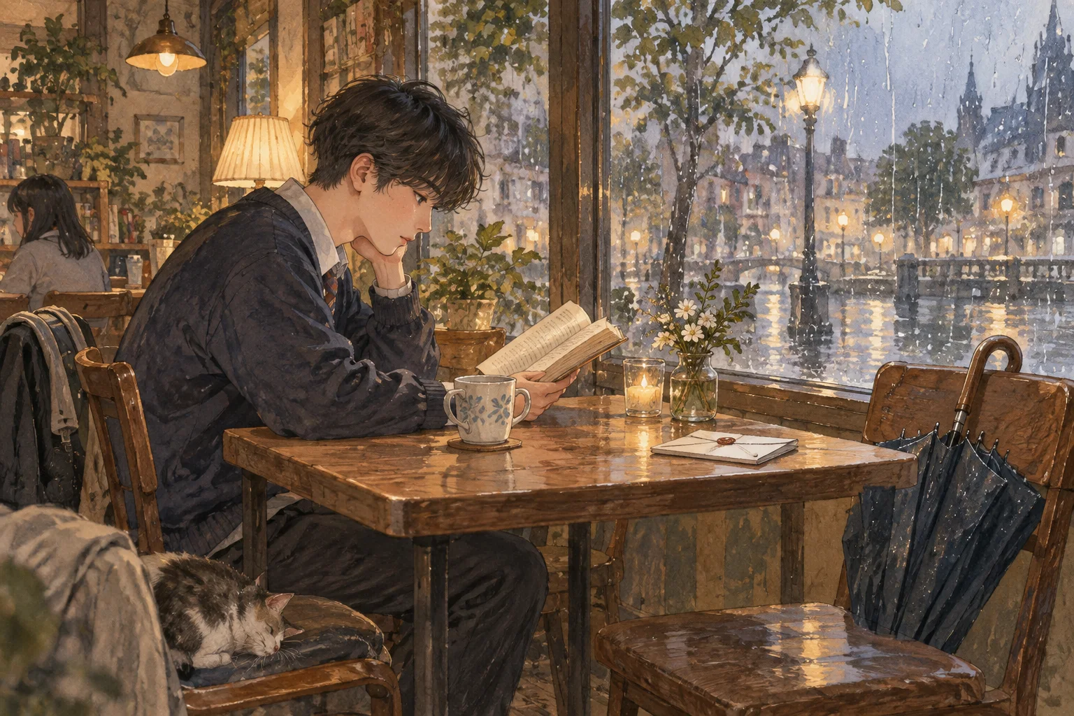 비 오는 카페에서 초대장과 인물의 평가를 읽는 학생