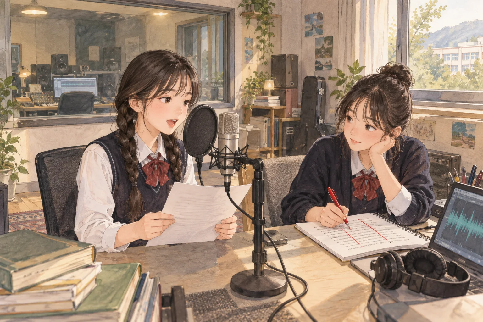 녹음실에서 문장을 읽고 절 경계를 표시하는 학생들