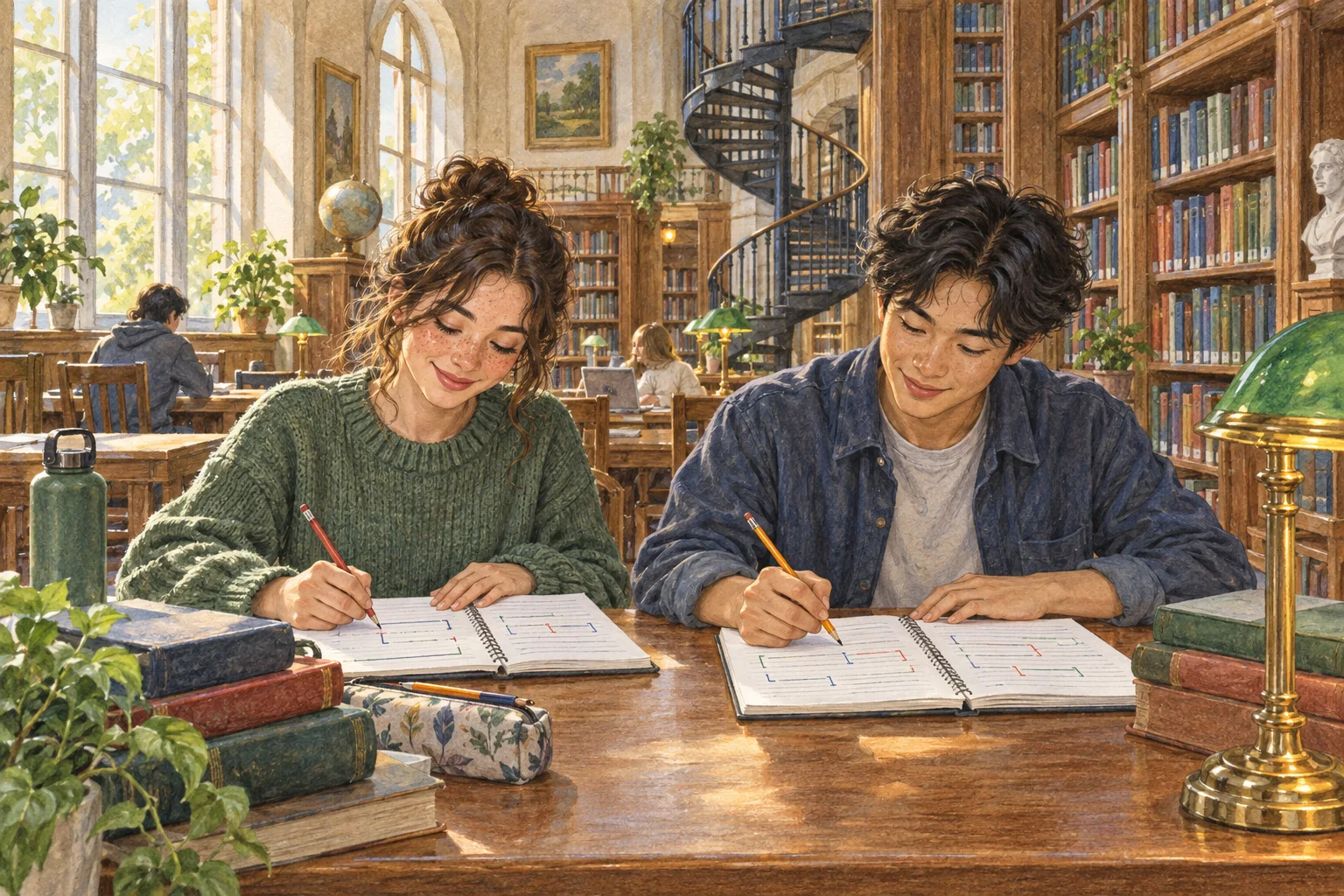 햇살 드는 도서관에서 절 경계를 표시하는 대학생들