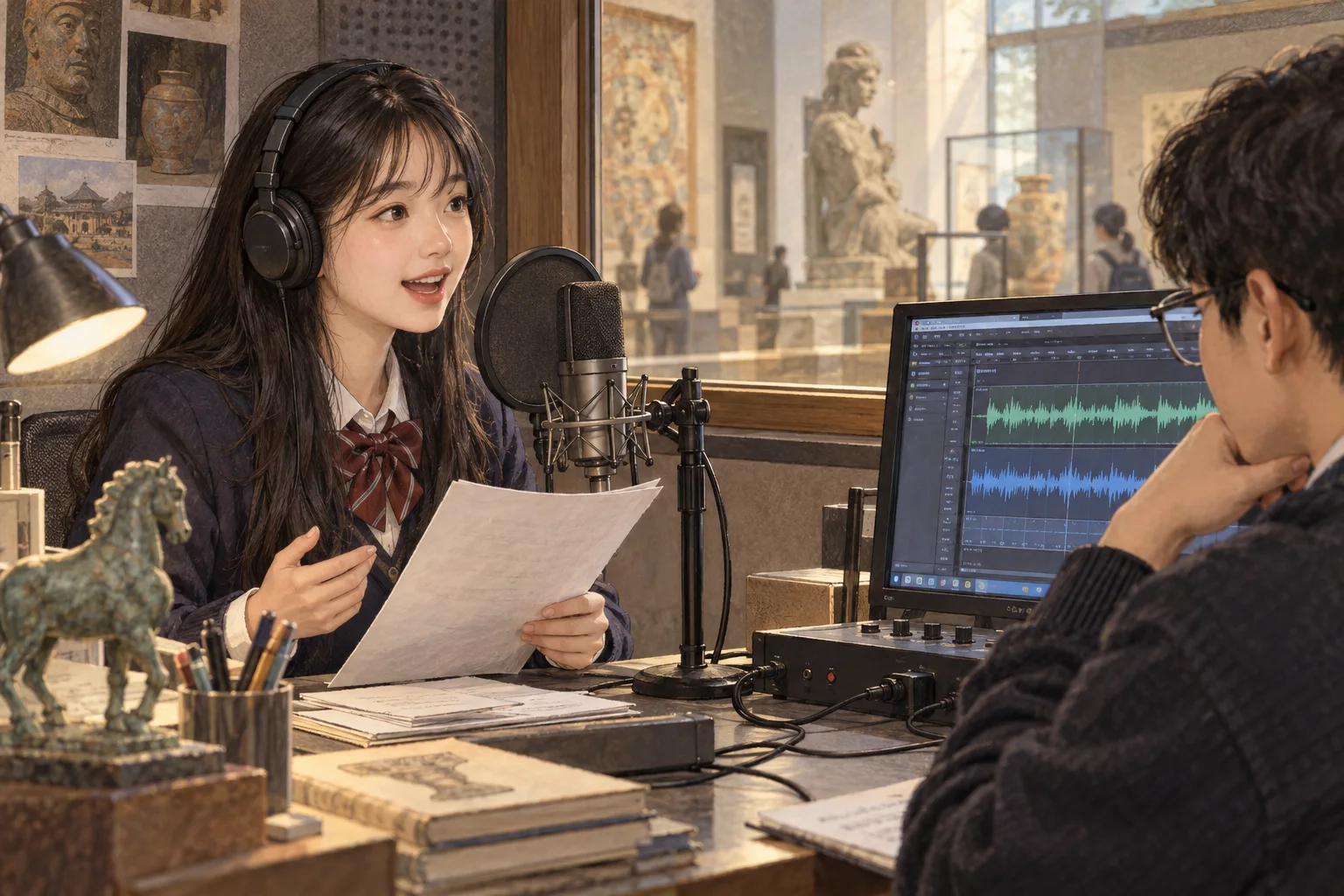 박물관 안내 녹음실에서 설명의 의미 단위를 확인하는 학생