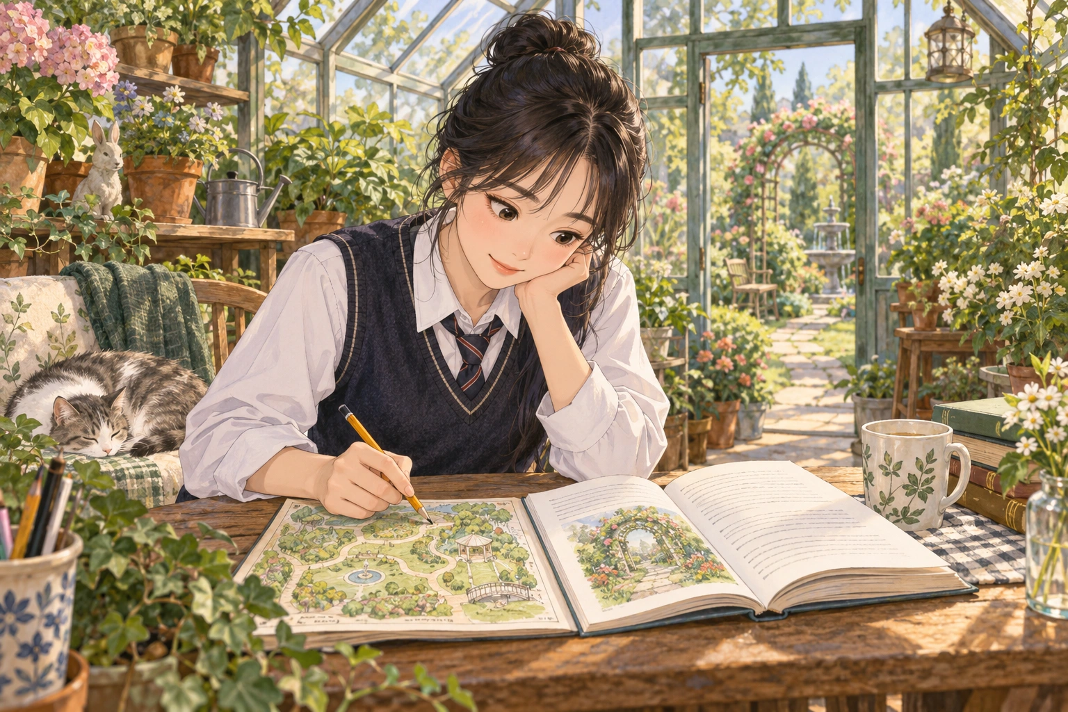 In a greenhouse reading corner, a student compares a timeline notebook with two plants under changing light.