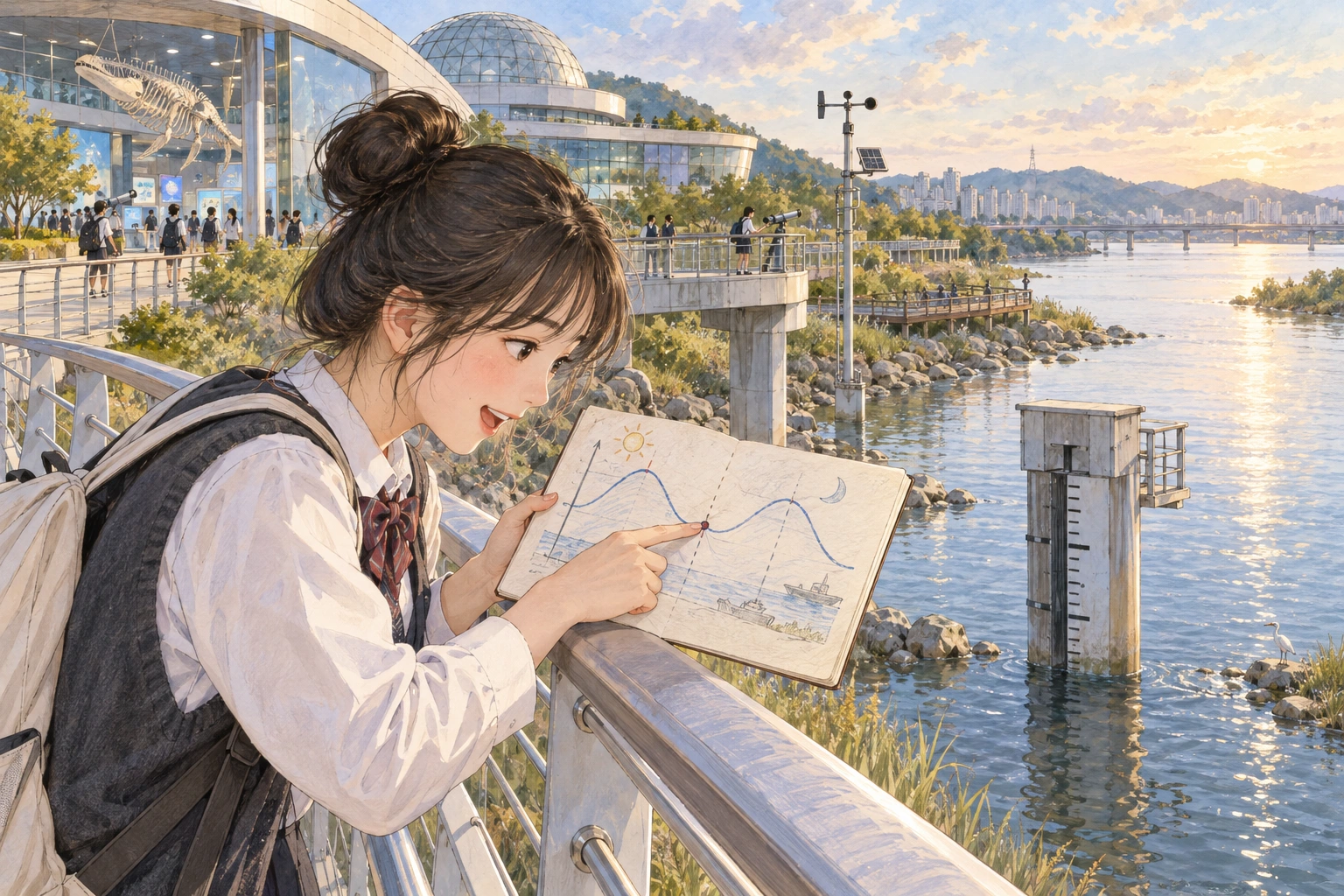 At a riverside science center, a student aligns a hand-drawn tide chart with the current river level from a footbridge, pointing at an observation time.