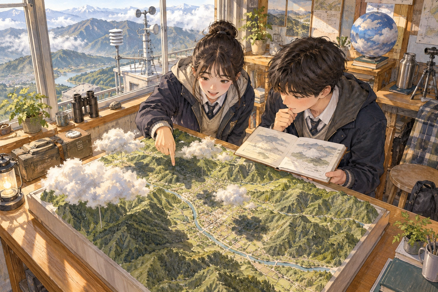In a mountain weather station, two students compare cloud shadows on a valley model with a notebook diagram, viewing from above.