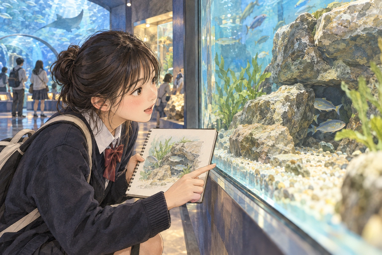 Inside an aquarium, a student checks which tank position matches a sketch of fish swimming behind a rock, side view with glass reflections.