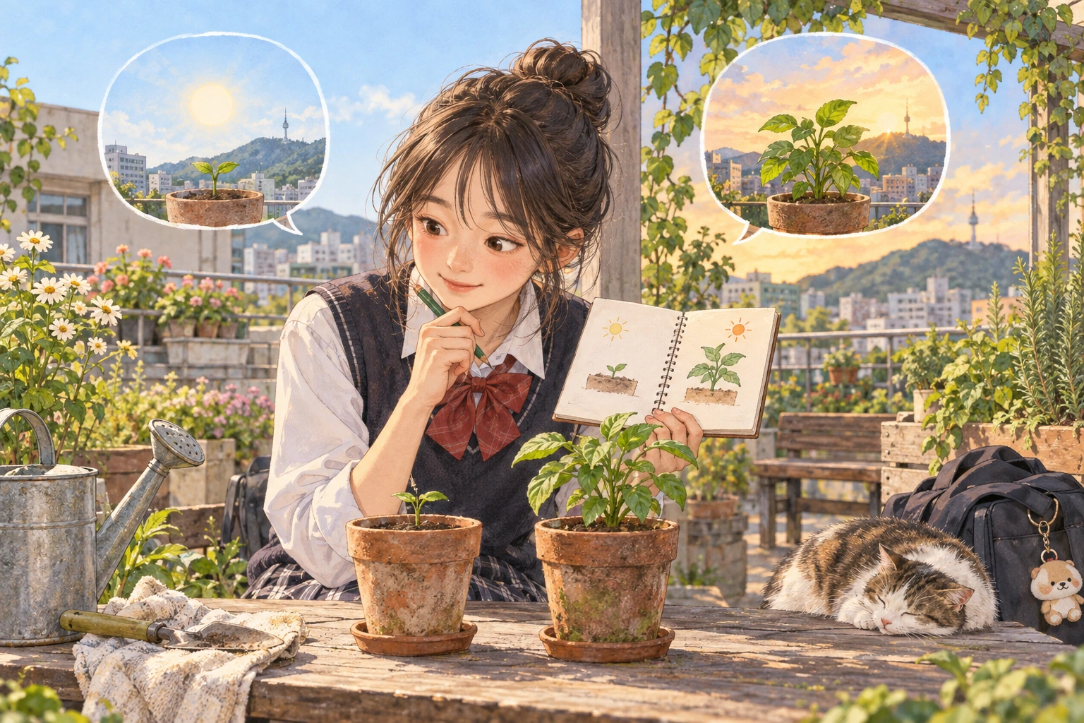 On a school rooftop garden, a student observes two plants at morning and afternoon while comparing a small timeline notebook.
