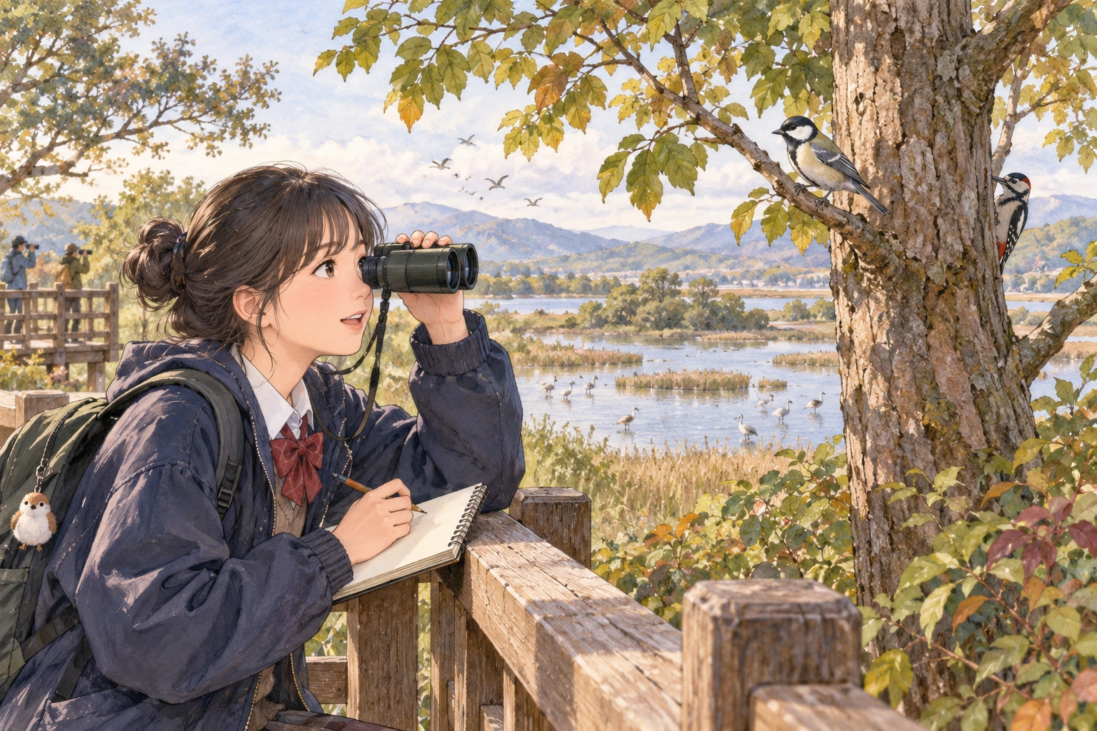 At a bird sanctuary overlook, a student distinguishes a bird in front of a tree from one behind it using binoculars and a notebook.