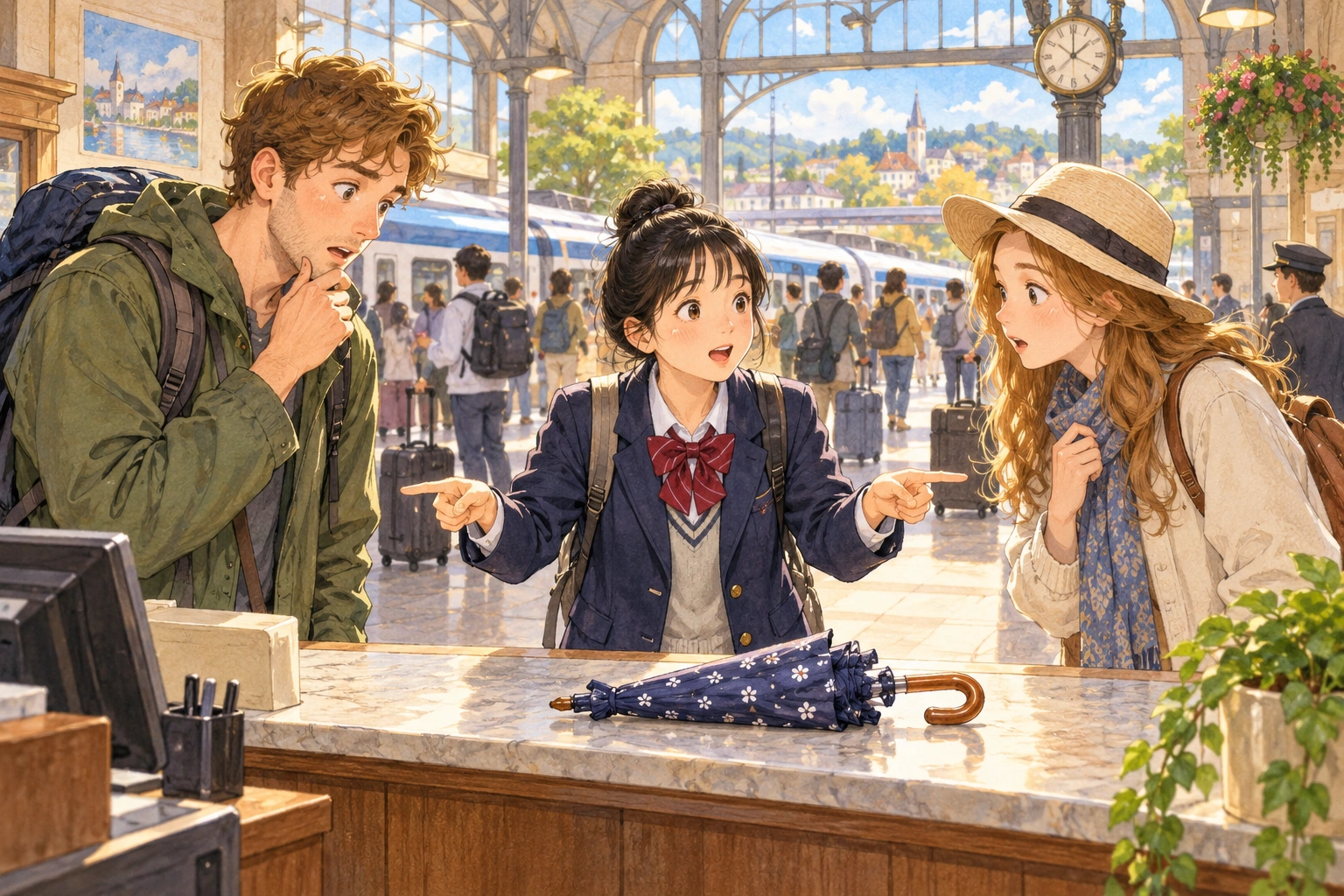 At a busy train ticket counter, a Korean high-school student gestures between two travelers and a small lost umbrella, trying to identify which object belongs to whom.