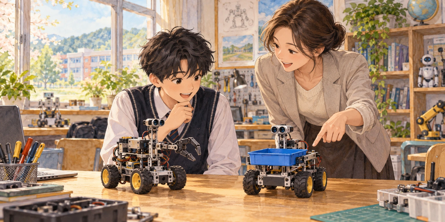 At a robotics club table, a student compares two small robots while a teacher points to the one carrying a blue tray.