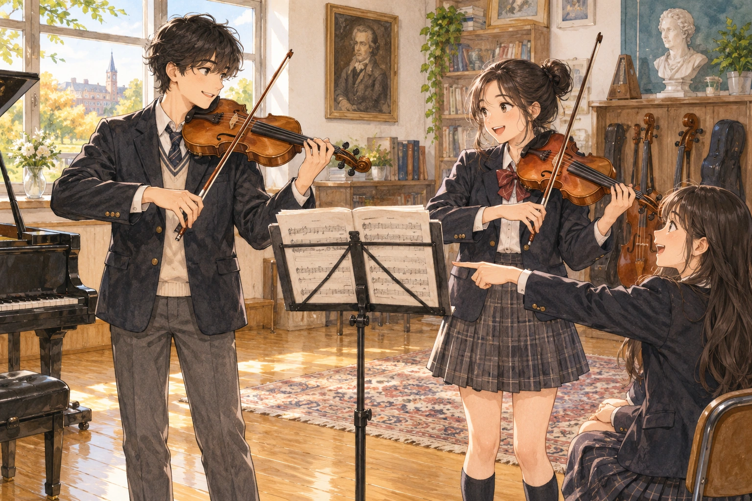 In a music room, a student watches two violinists pass a music stand while a friend points to the correct owner.