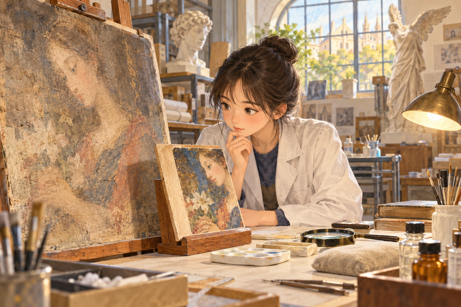 In a museum restoration room, a student inspects a faded painting and a preserved section before making a careful conclusion.