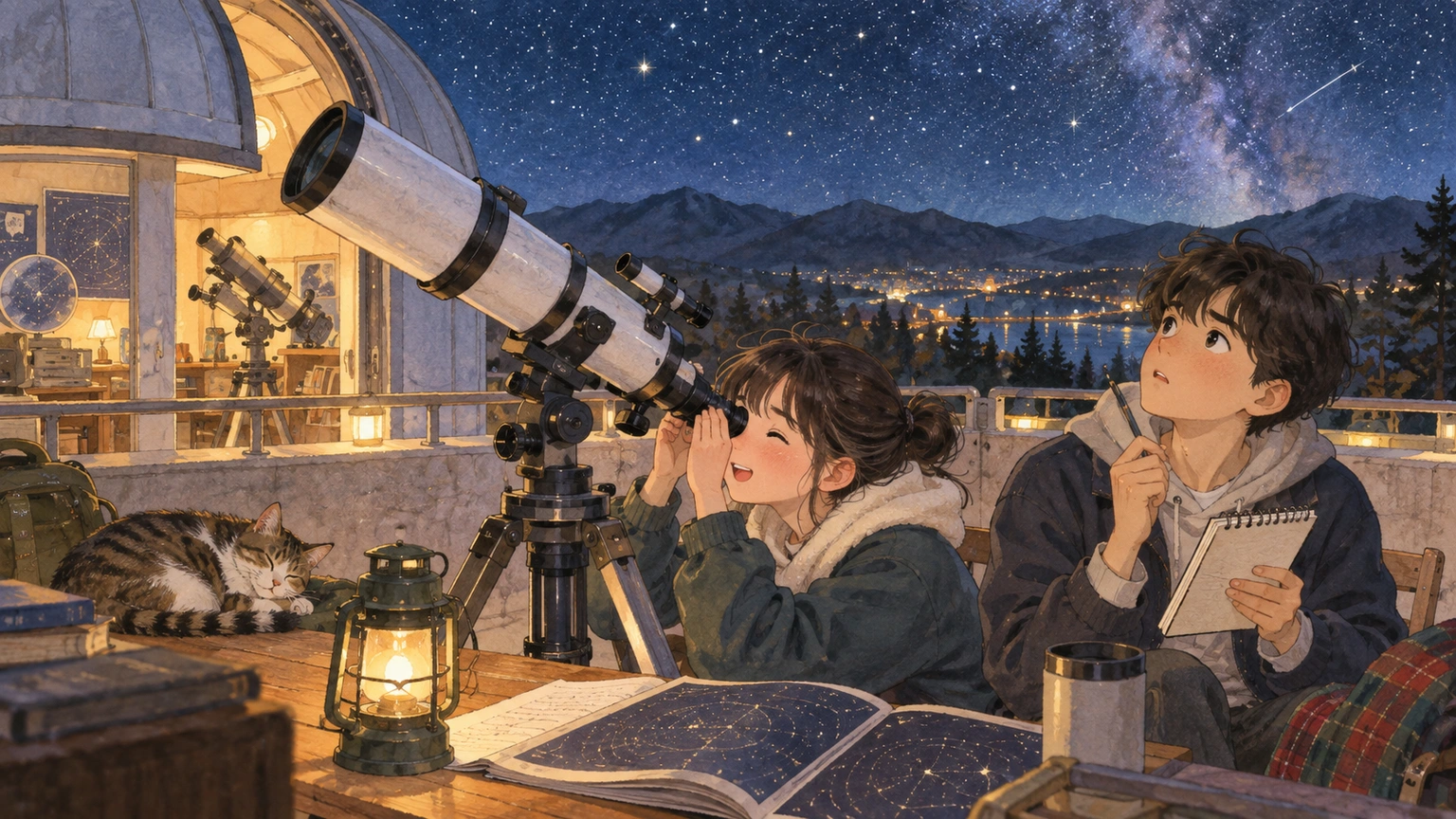 At a night observatory, a student compares two faint stars through a telescope while another notes uncertainty.