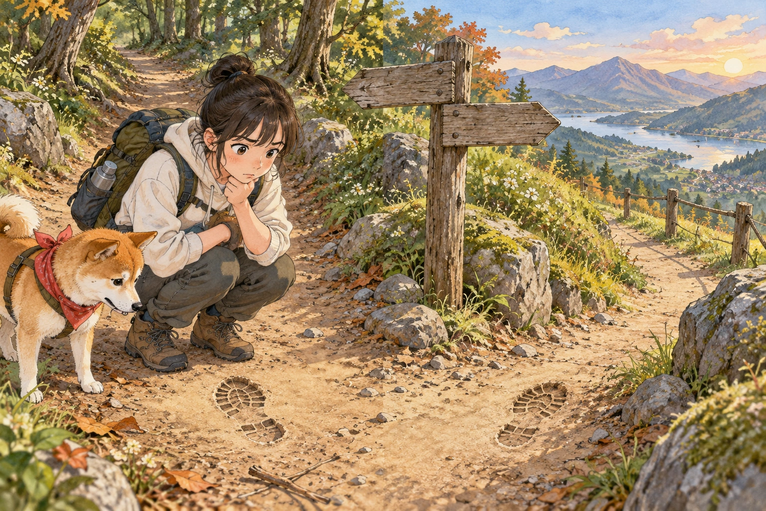 On a hiking trail split, a student looks at two partial footprints and a weathered sign while resisting a premature conclusion.
