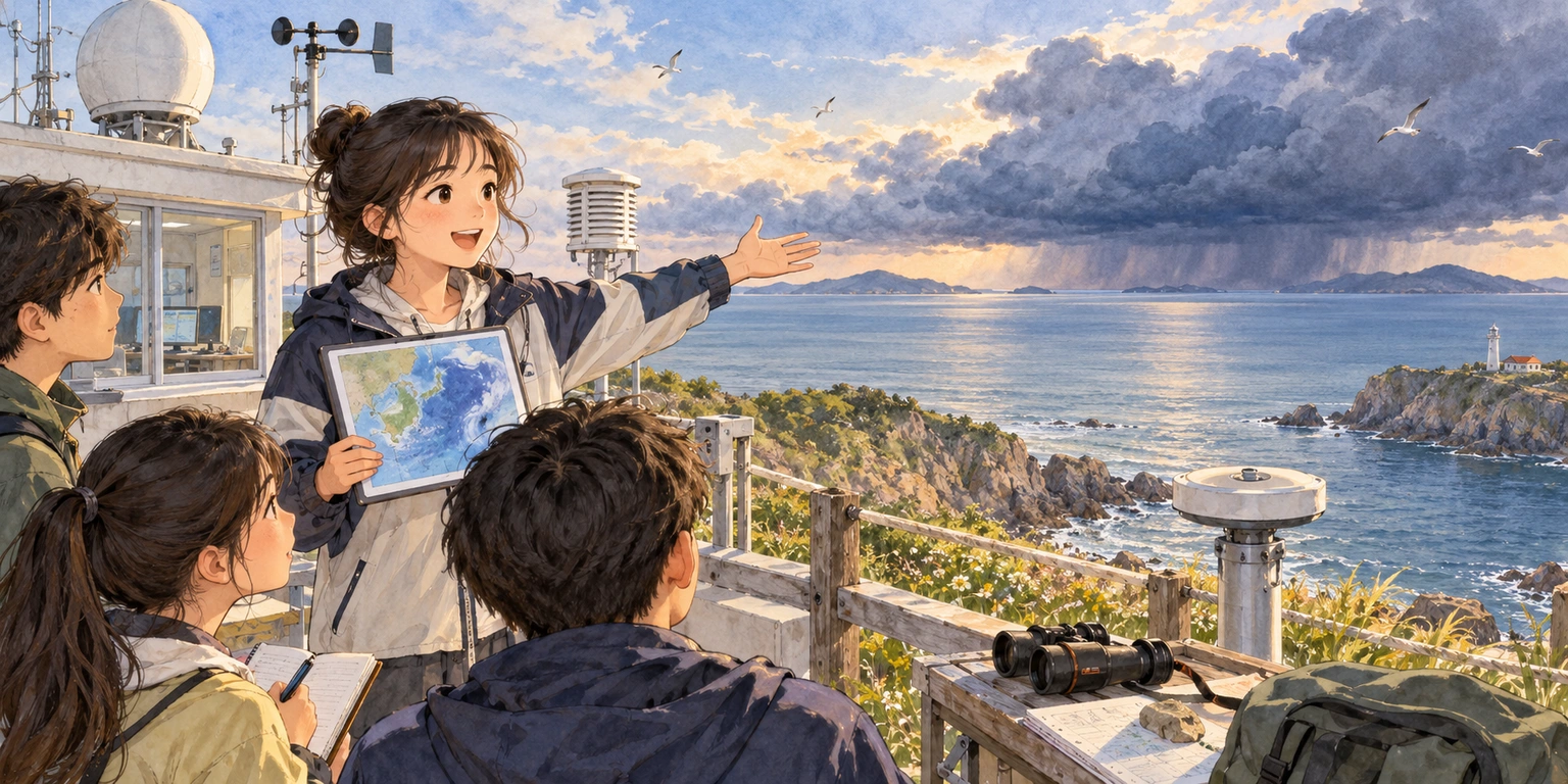 At a coastal research station, a student compares a calm sea with distant dark clouds and explains a limited prediction.