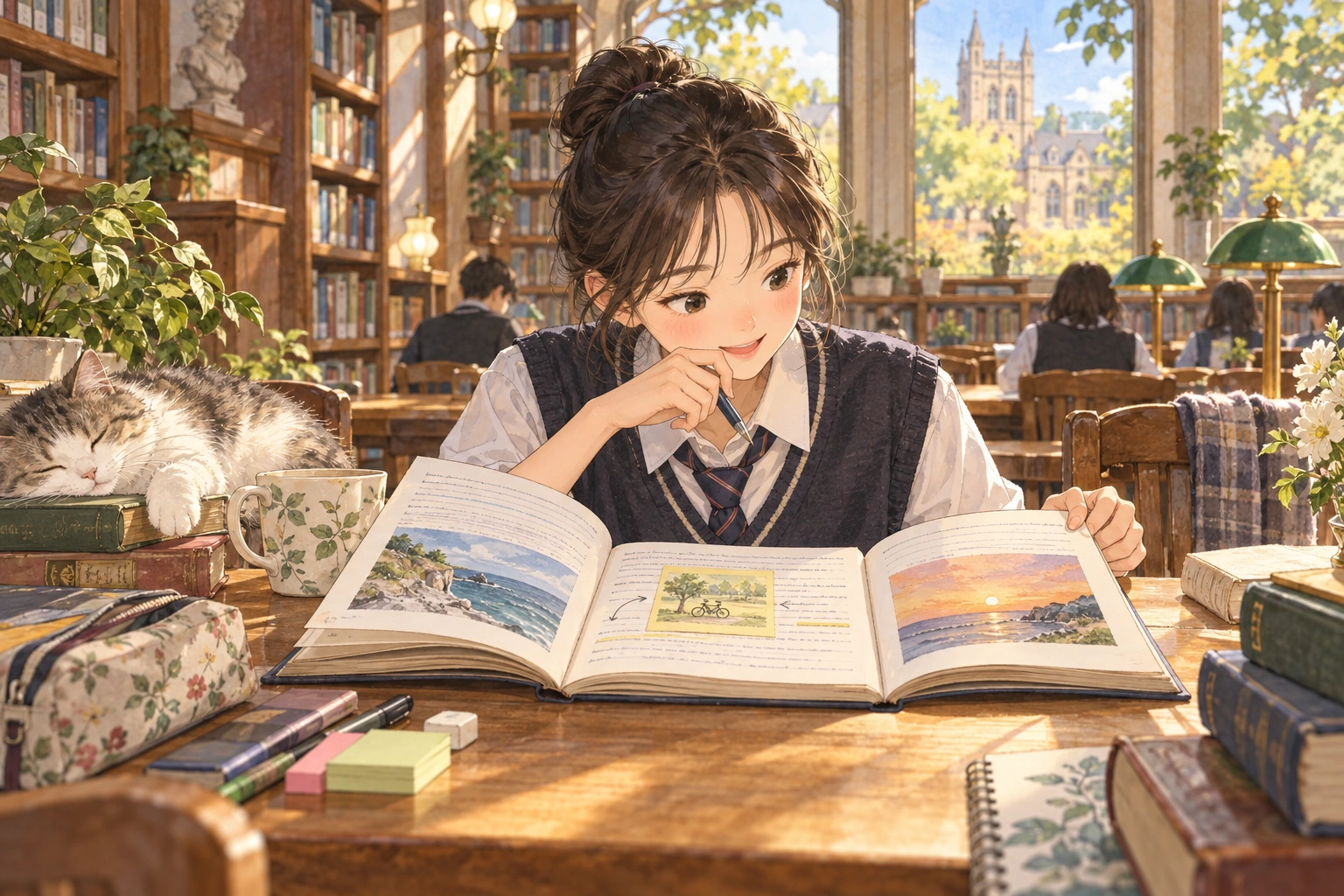 At a long wooden library table, a student compares the beginning and ending pages of a short essay while noting a counterexample in the middle.