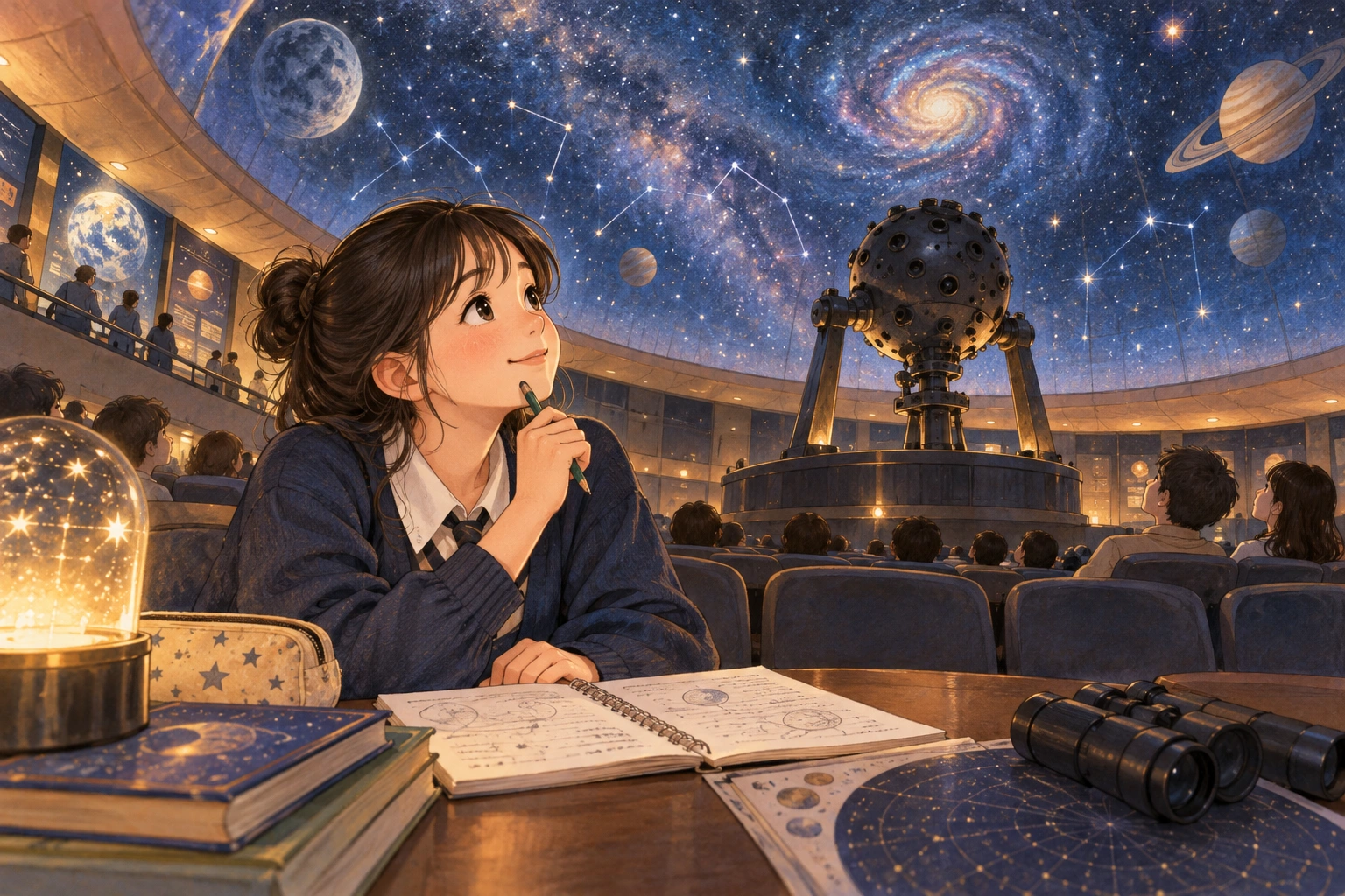 At a planetarium, a student revisits a middle observation after an initial hypothesis proves too broad.