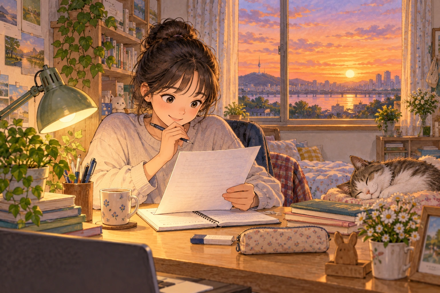 At a home desk at sunset, a student checks a new passage 24 hours later without looking at the prior answer.