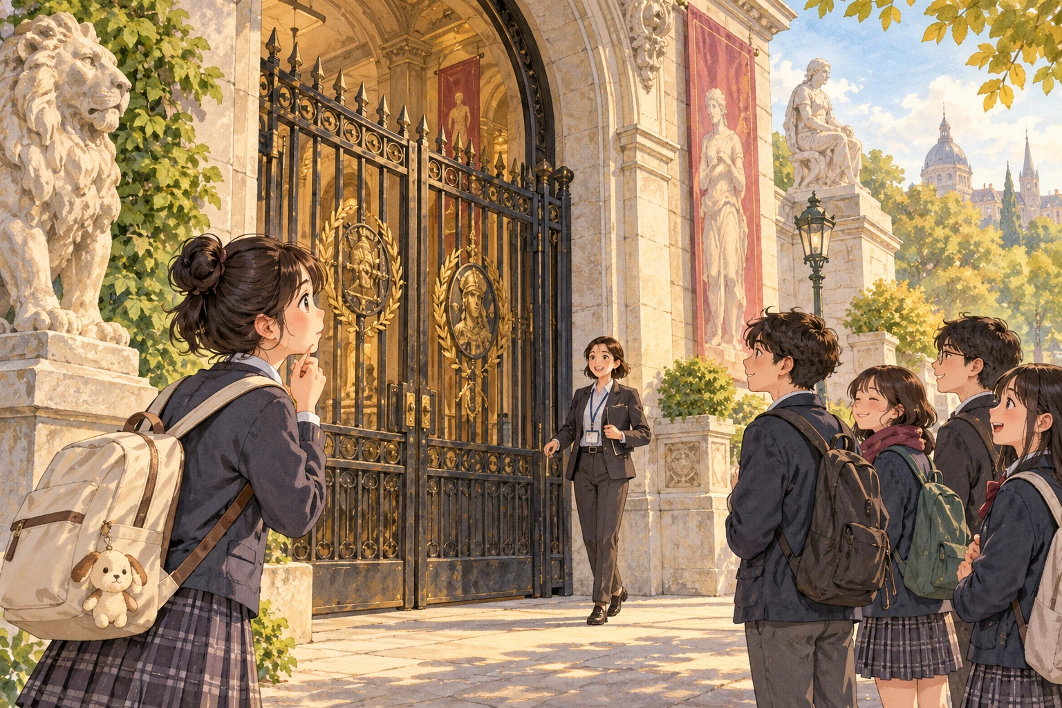 At a museum entrance, a student studies a gate that opens only when a guide arrives while others wait patiently.