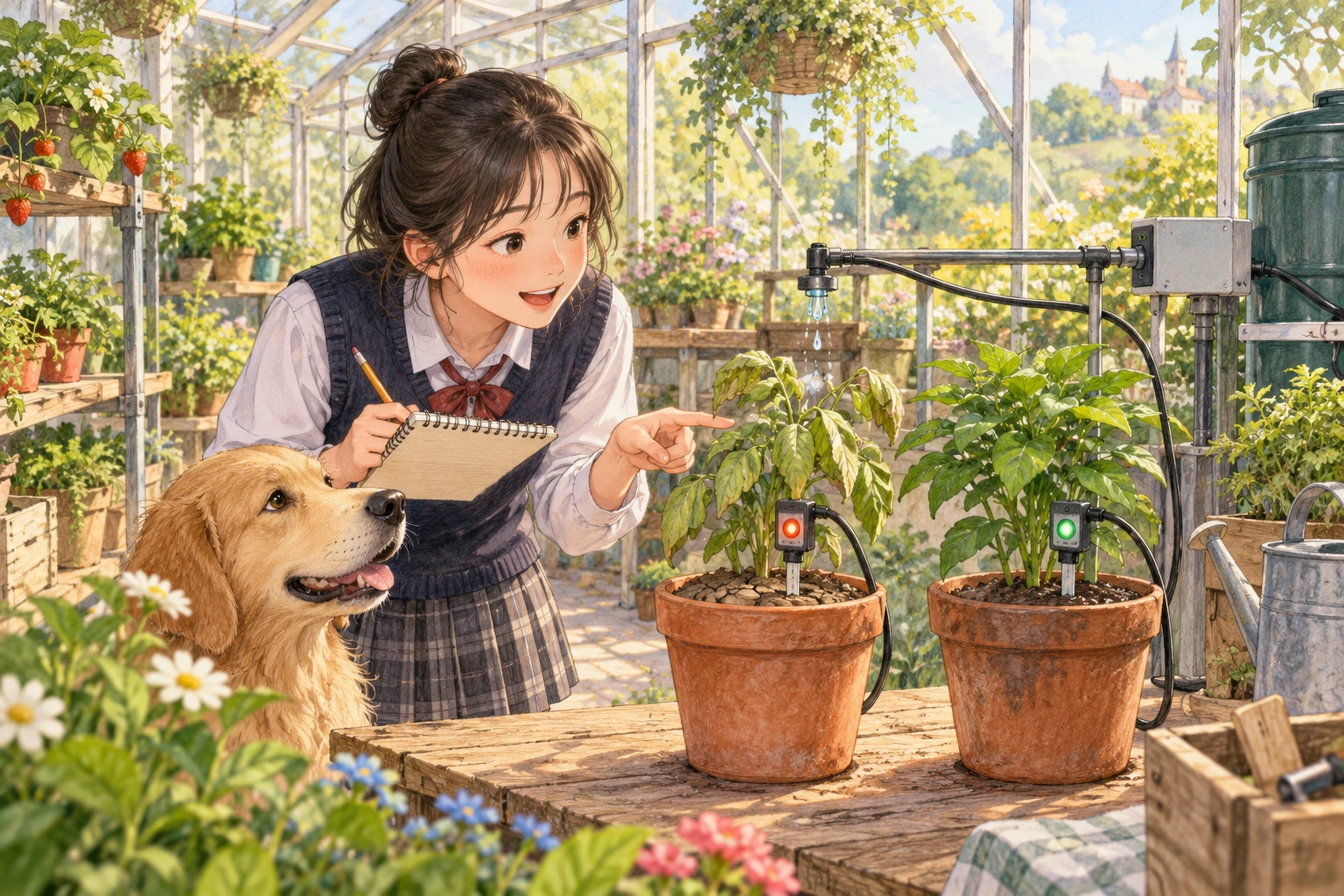 At a greenhouse, a student notes that a plant receives water only if a sensor signals dryness, comparing dry and damp pots.