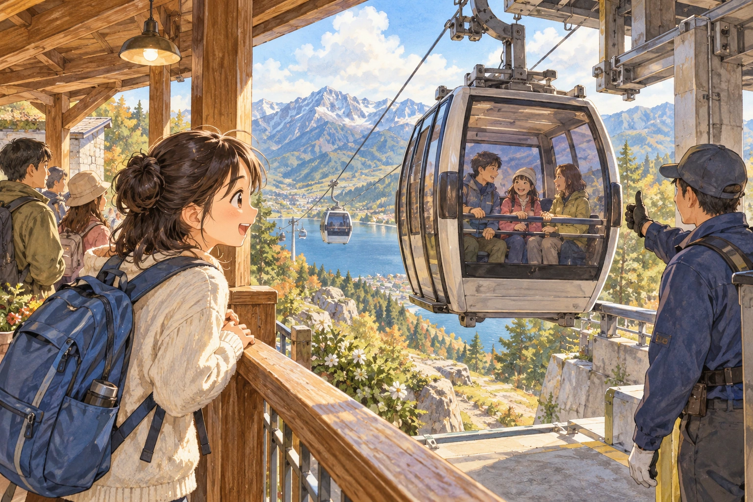 At a mountain cable car station, a student watches a cabin depart only when the safety bar is closed.