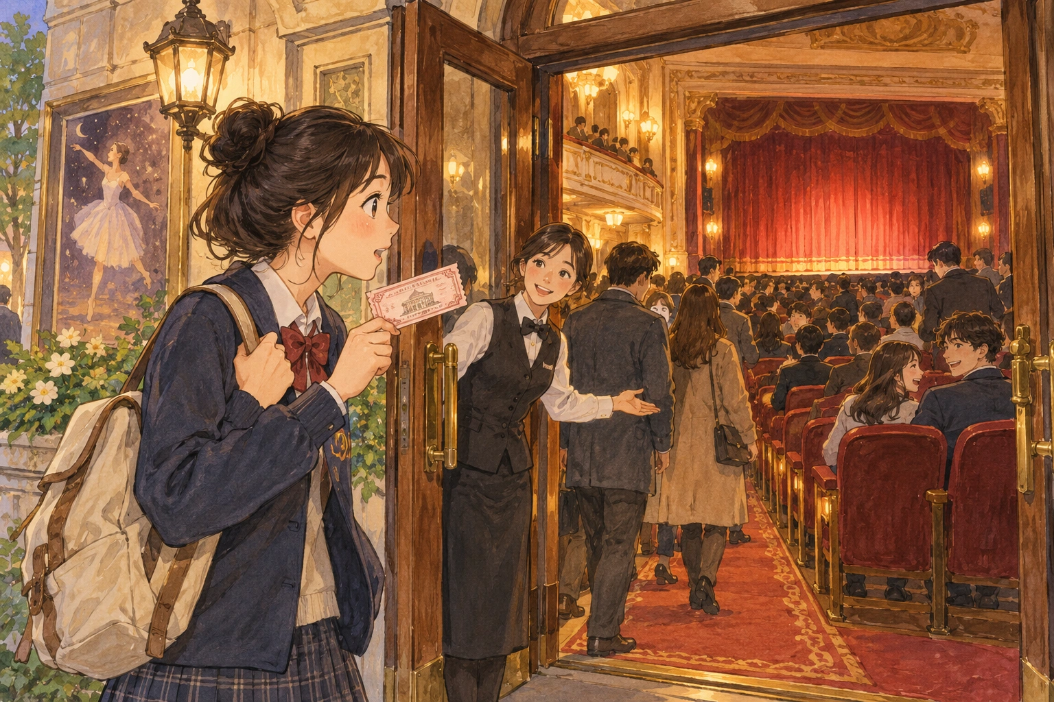 At a small theater, a student observes that entry requires a ticket but a ticket alone does not guarantee an empty seat.