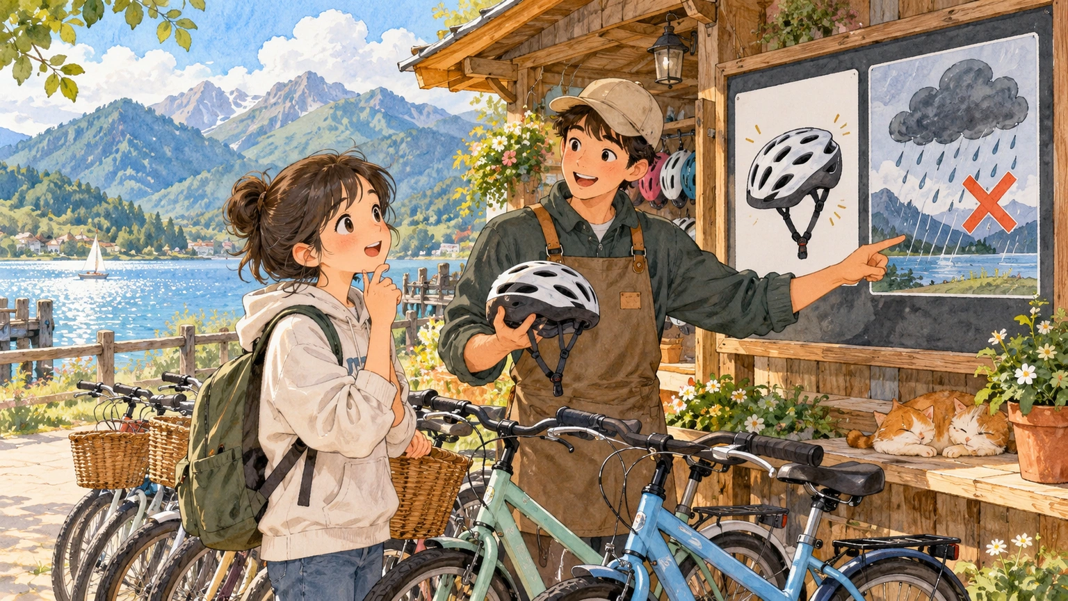 At a bicycle rental stand, a student compares a helmet requirement with a separate weather cancellation condition.
