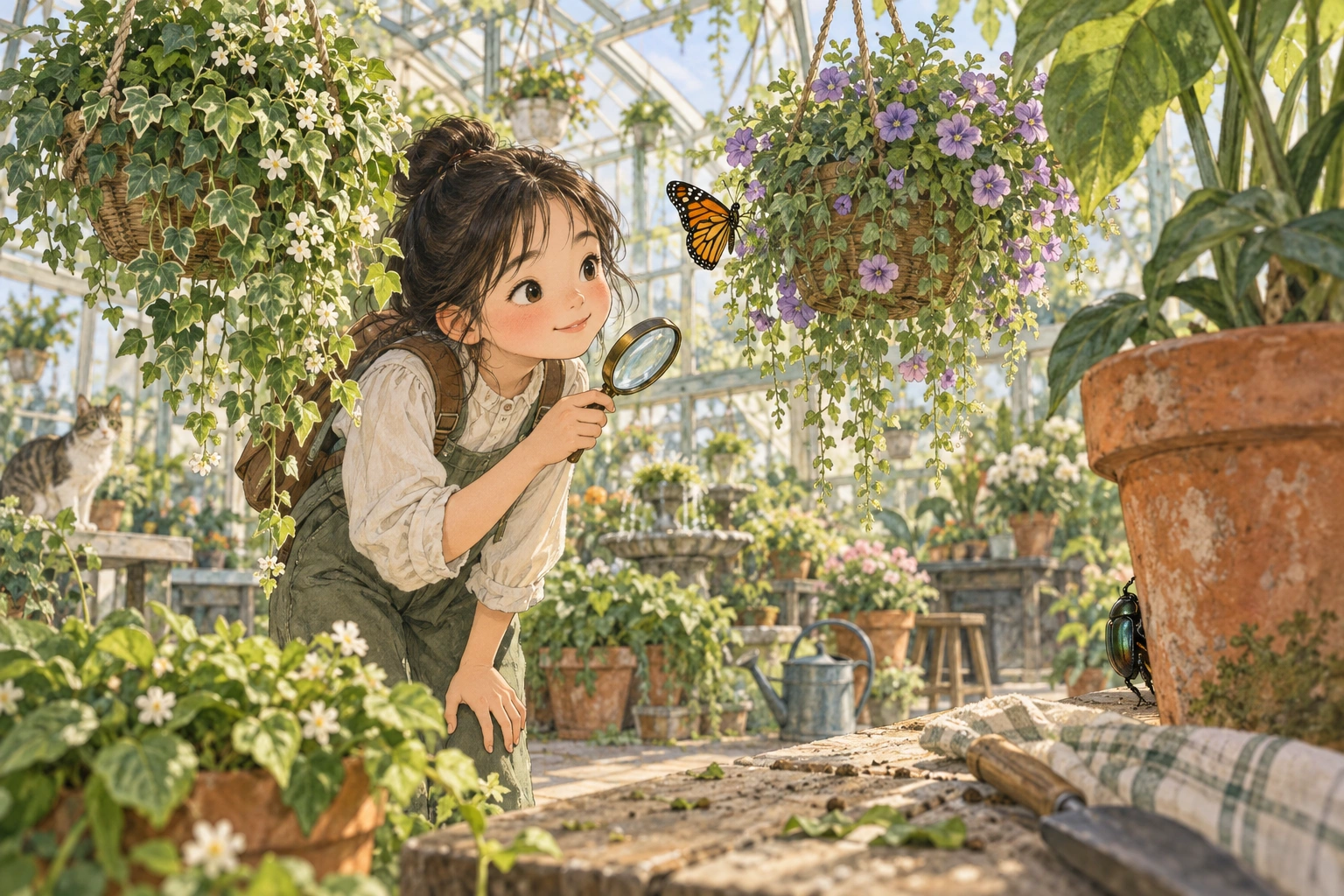 온실에서 학생이 화분과 곤충의 위치를 기록하는 장면