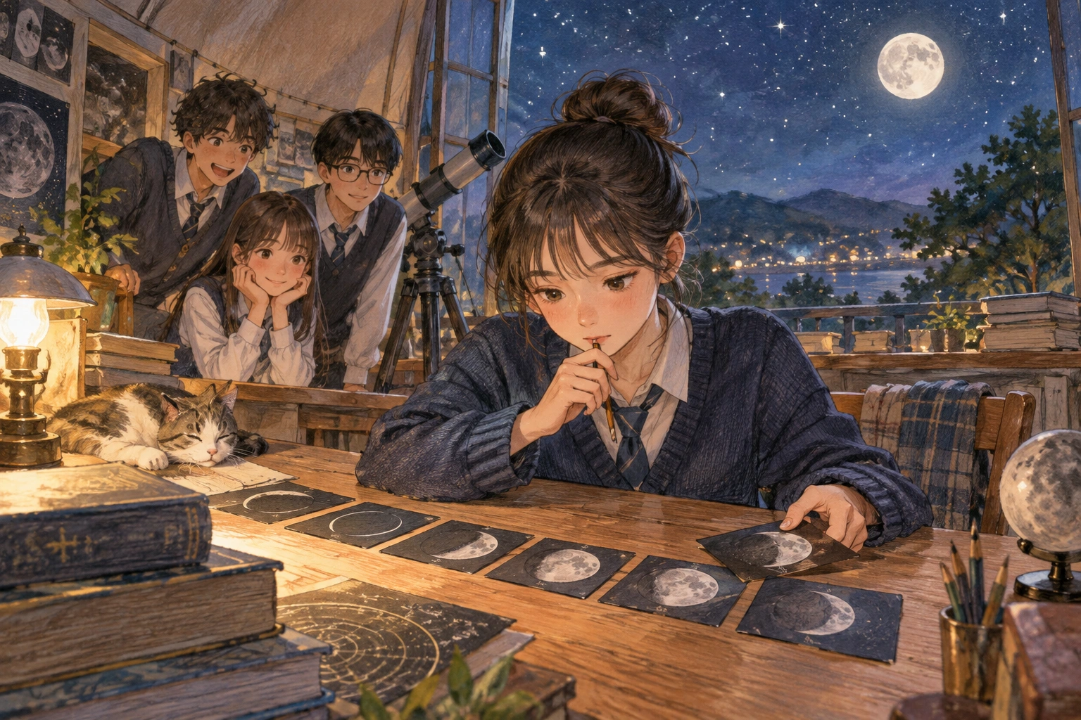 천문 동아리에서 학생이 망원경 기록을 배열하는 장면