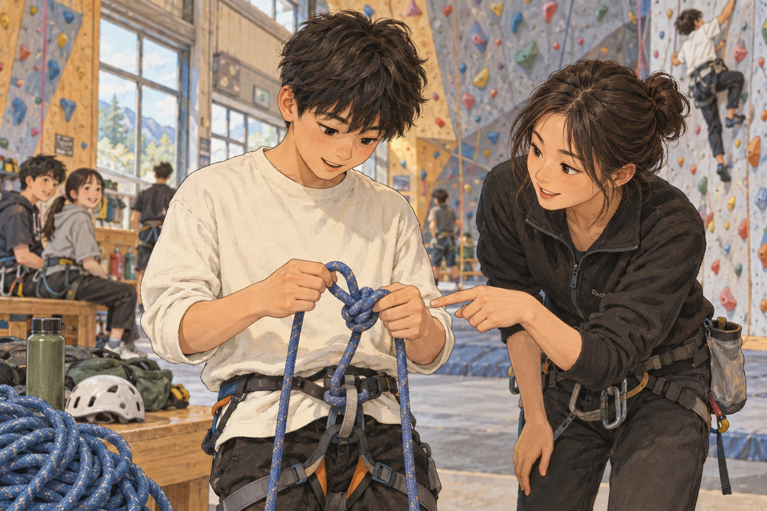 등반 매듭을 다시 묶어 보는 학생