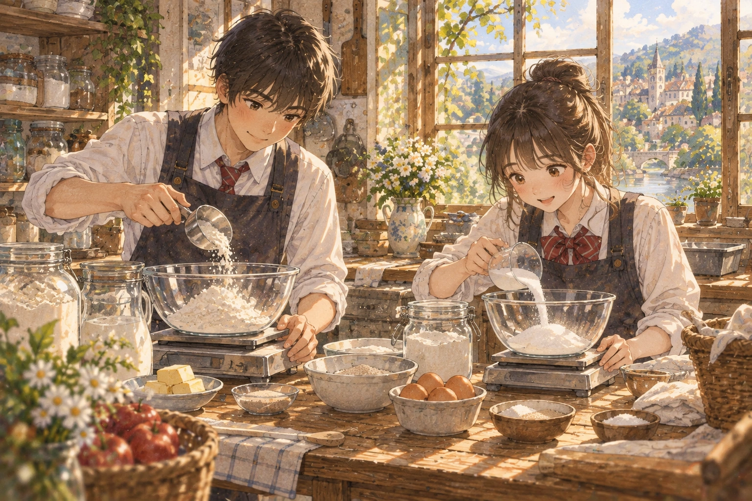 두 빵 반죽의 재료를 따로 계량하는 학생