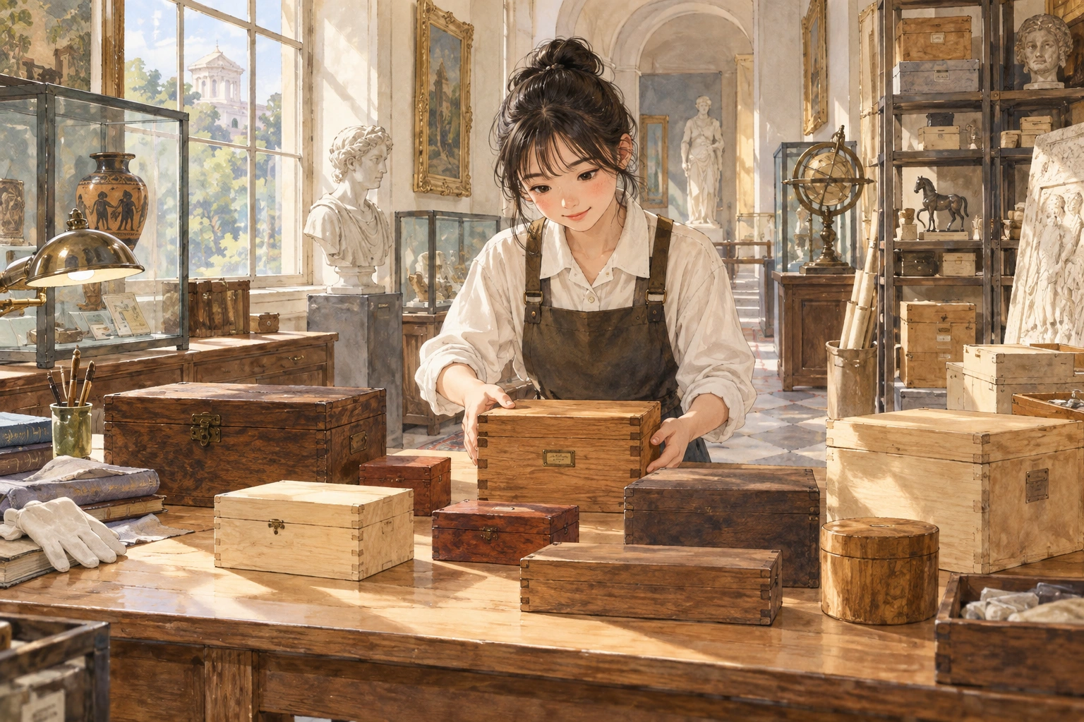 공방에서 서로 다른 재료의 상자를 분류하는 학생