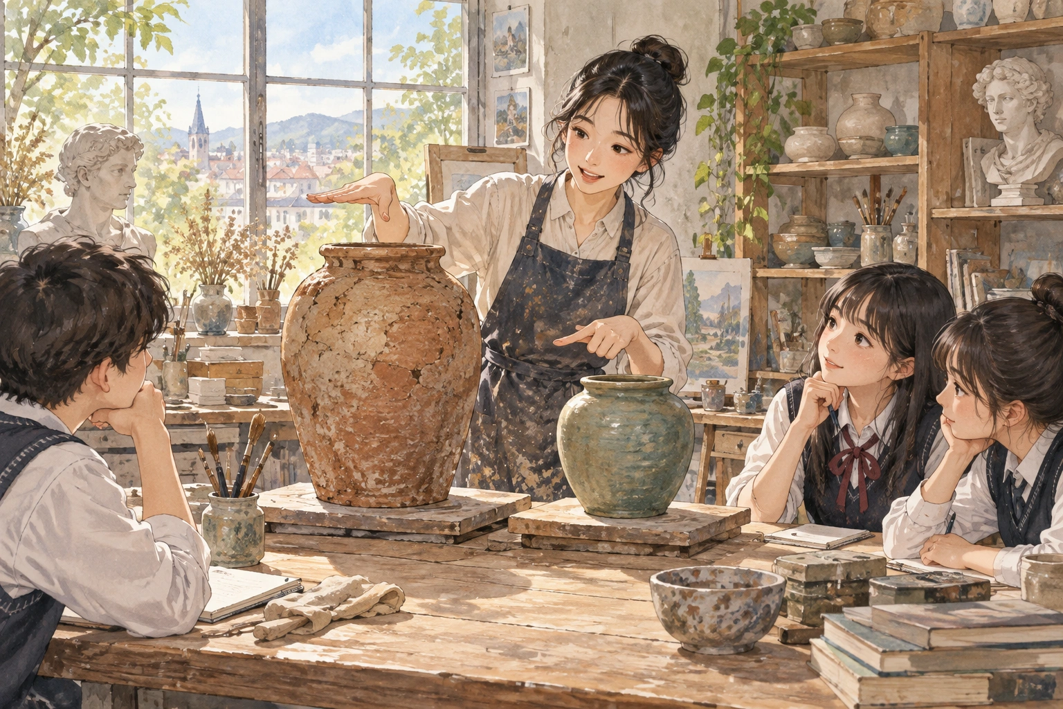 도예실에서 항아리의 크기와 색을 가리키는 교사