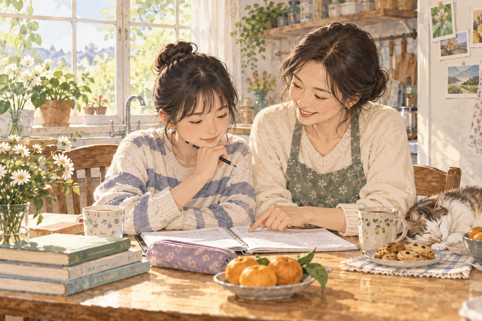 식탁에서 묘사 문장을 다시 쓰는 학생과 보호자