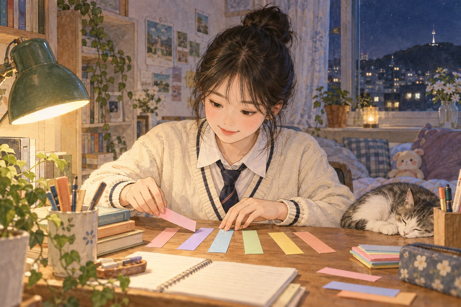 저녁 책상에서 수식어 카드를 정리하는 학생