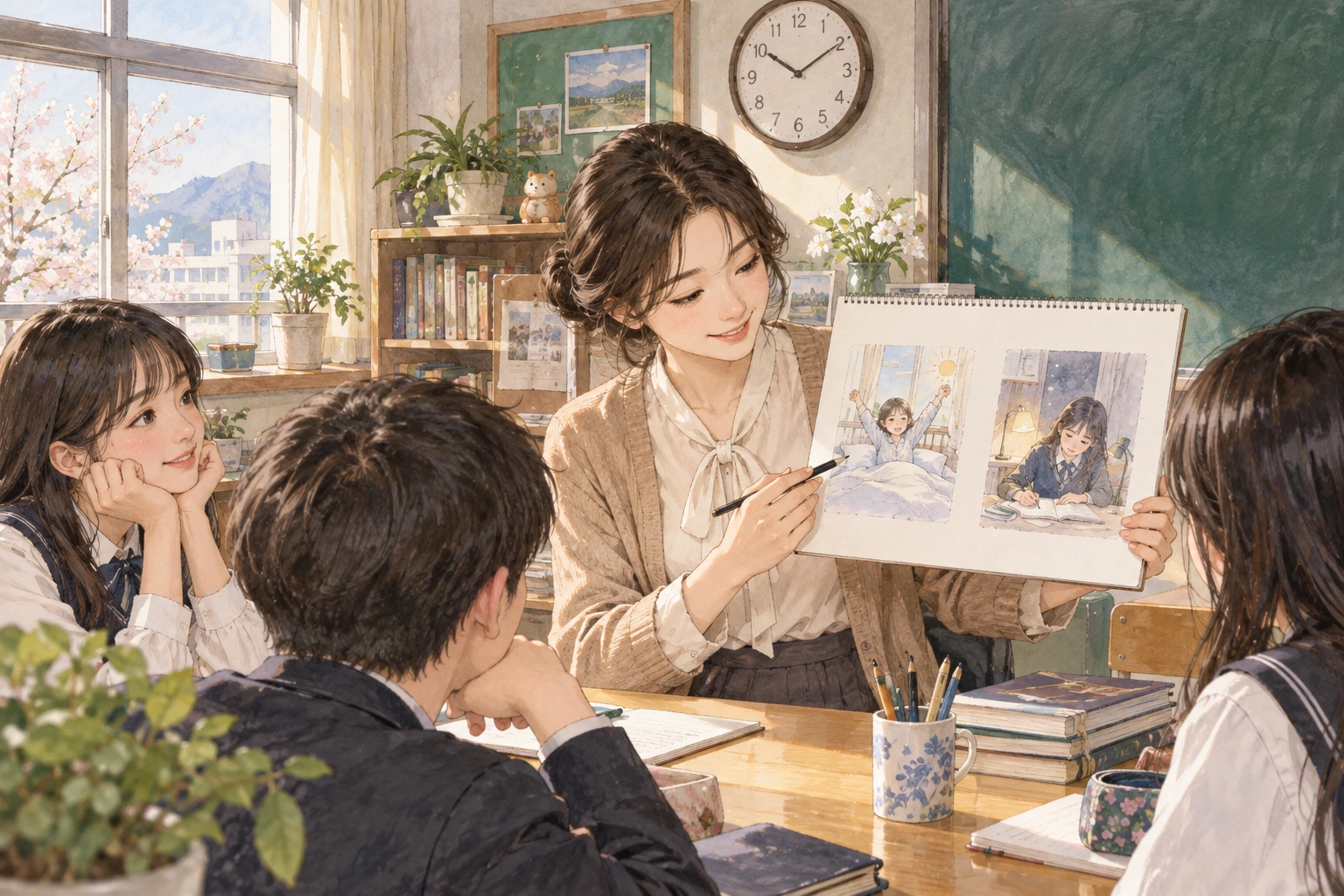 교실 시계 앞에서 두 사건의 순서를 표시하는 교사