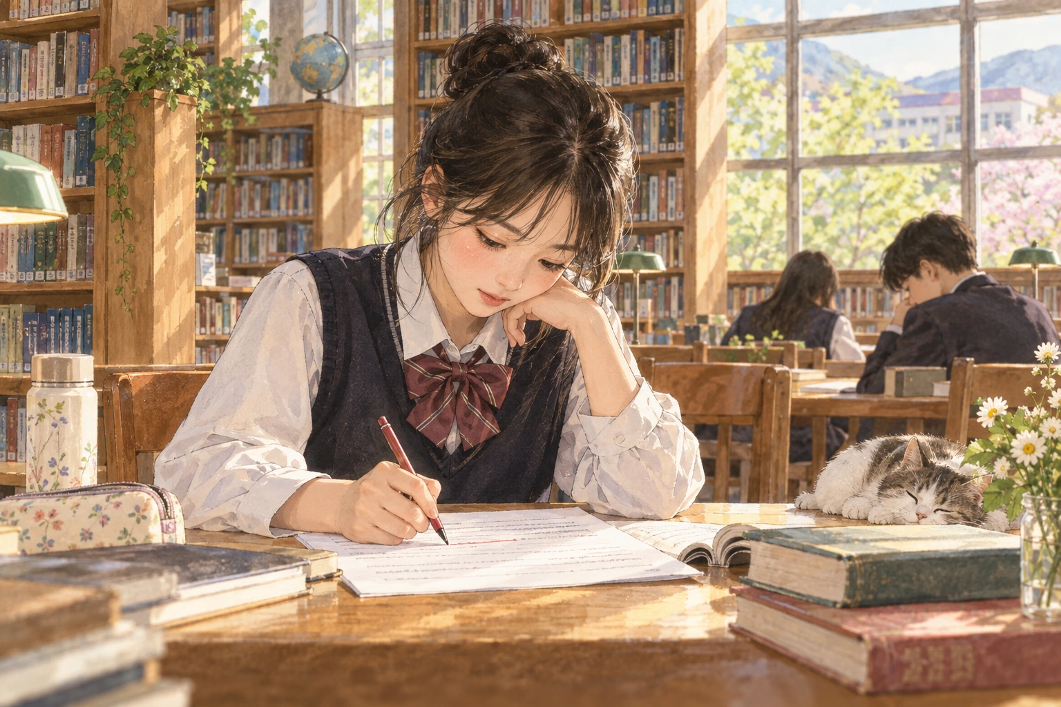 도서관에서 두 과거 사건의 문장을 교정하는 학생