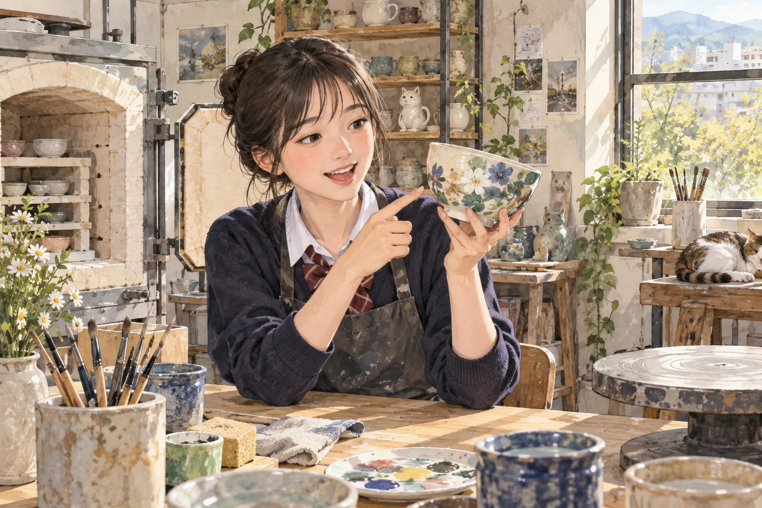 도예실에서 굽기와 채색 순서를 보는 학생