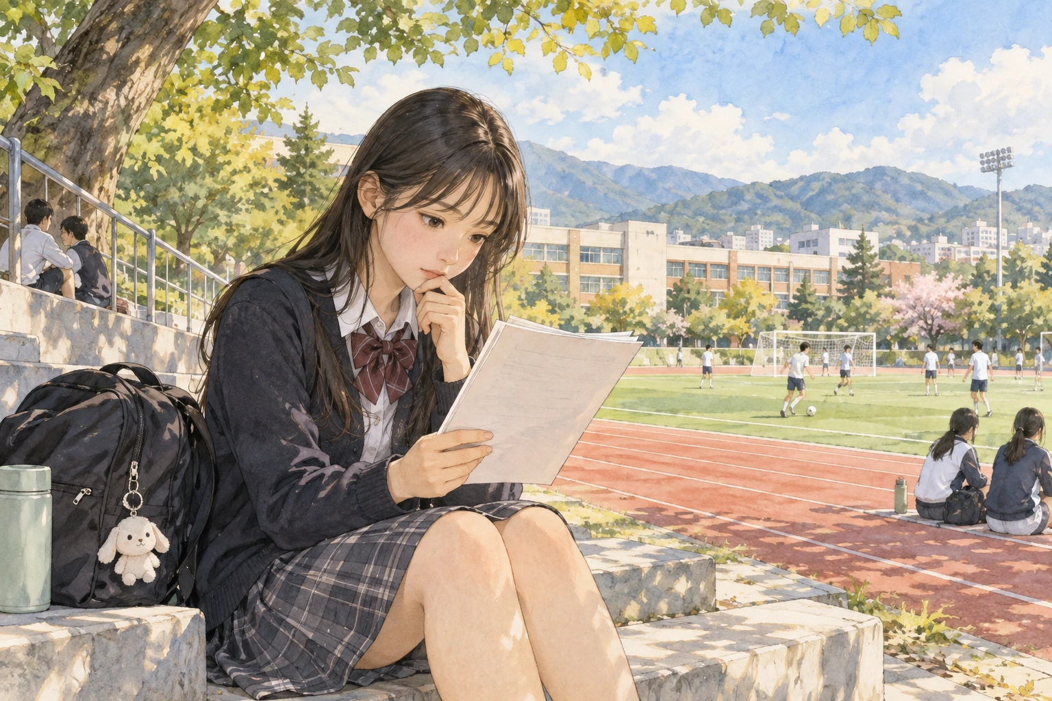 운동장에서 참가 인원의 범위를 살피는 학생