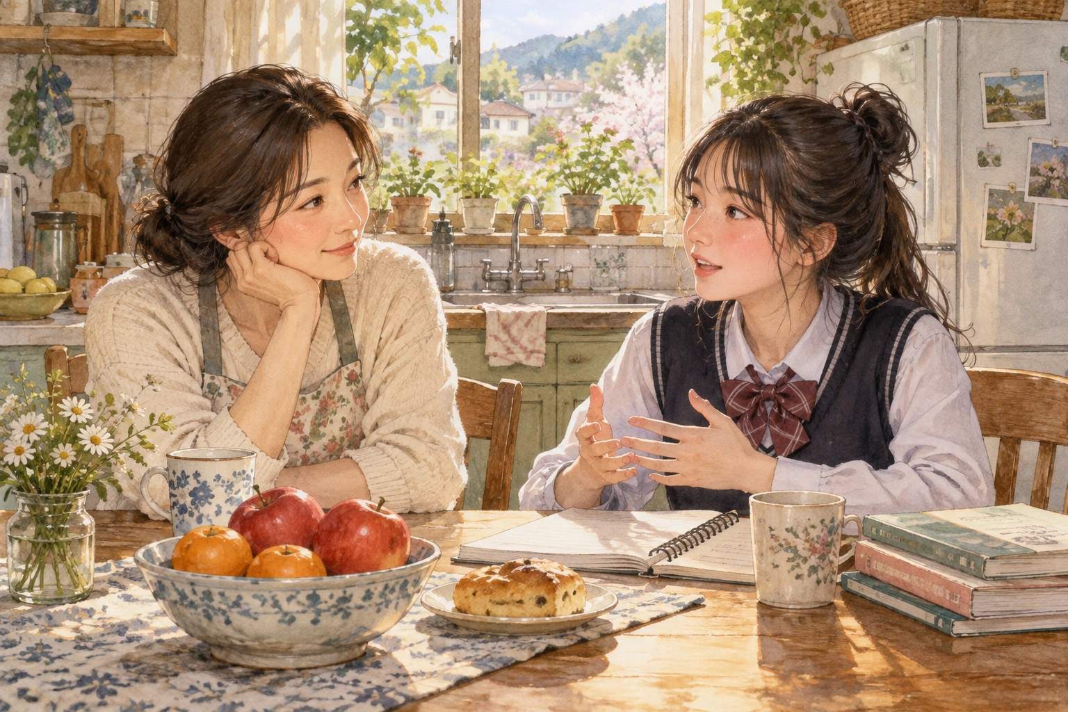 식탁에서 수량 범위를 다시 설명하는 가족