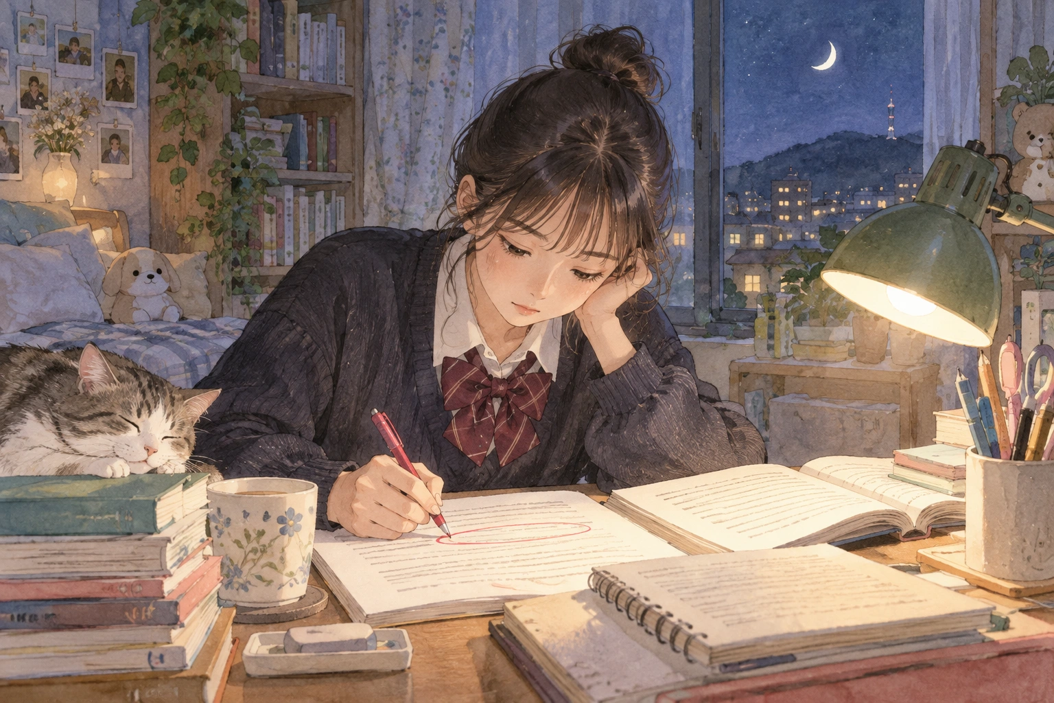 밤 책상에서 단계별 숫자 조건을 검토하는 학생