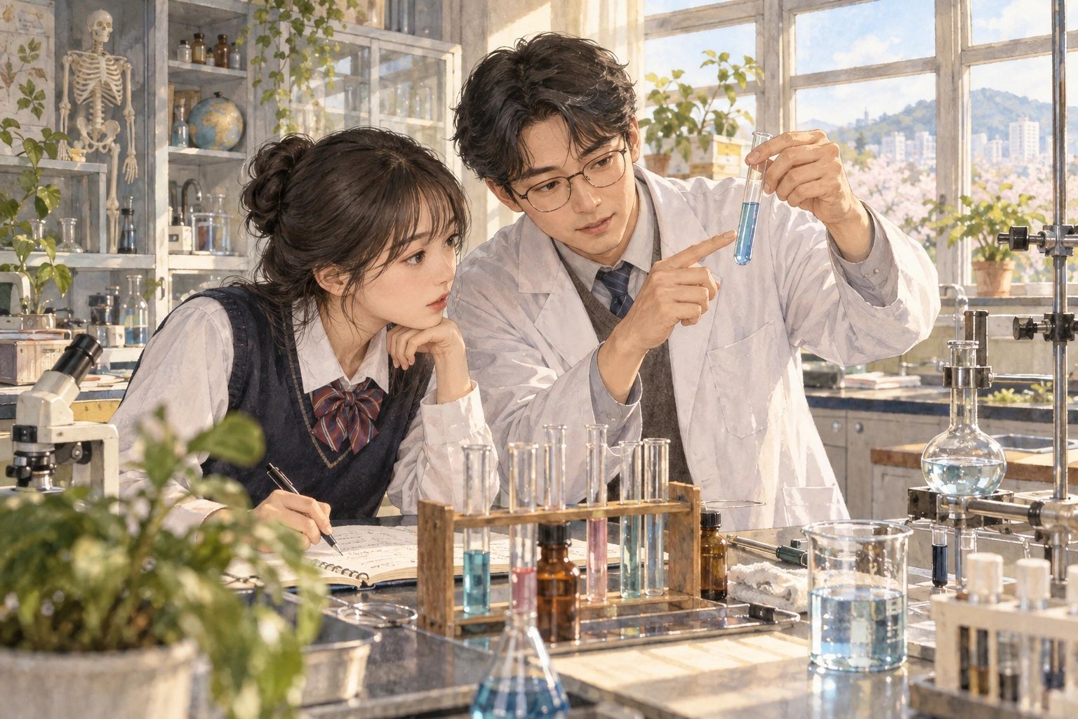 실험실에서 조건 규칙을 확인하는 교사와 학생