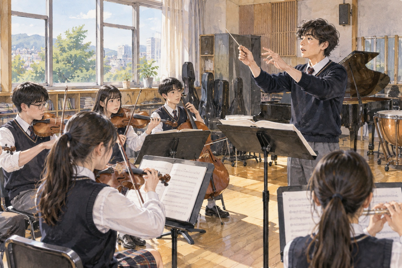 연습 장면을 관찰하는 학생