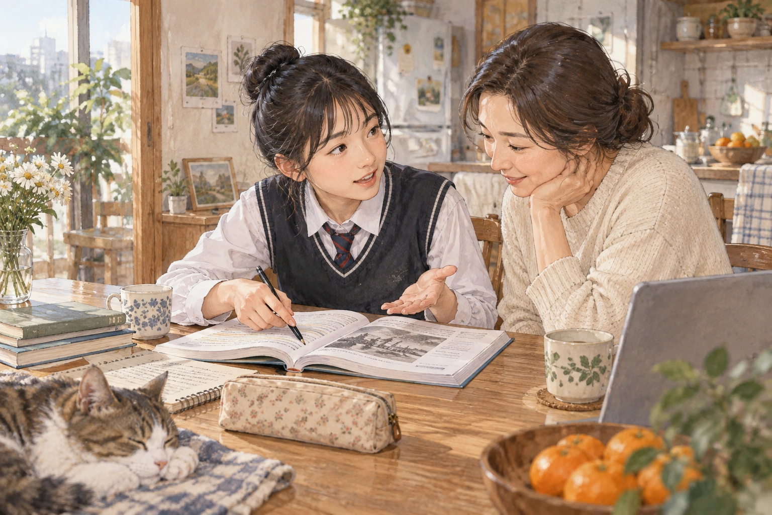 학부모에게 설명하는 학생