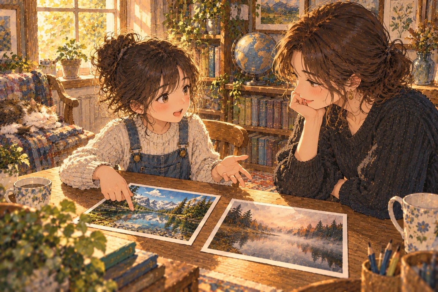 사진 두 장을 놓고 토론하는 학생과 교사 장면을 그린 자체 제작 삽화