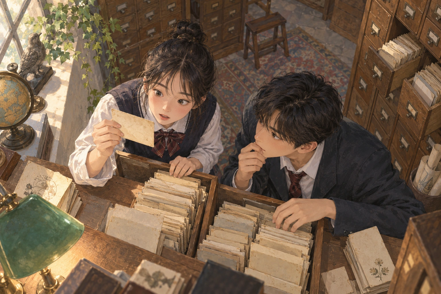 자료실에서 서로 다른 기록을 찾는 두 학생 장면을 그린 자체 제작 삽화