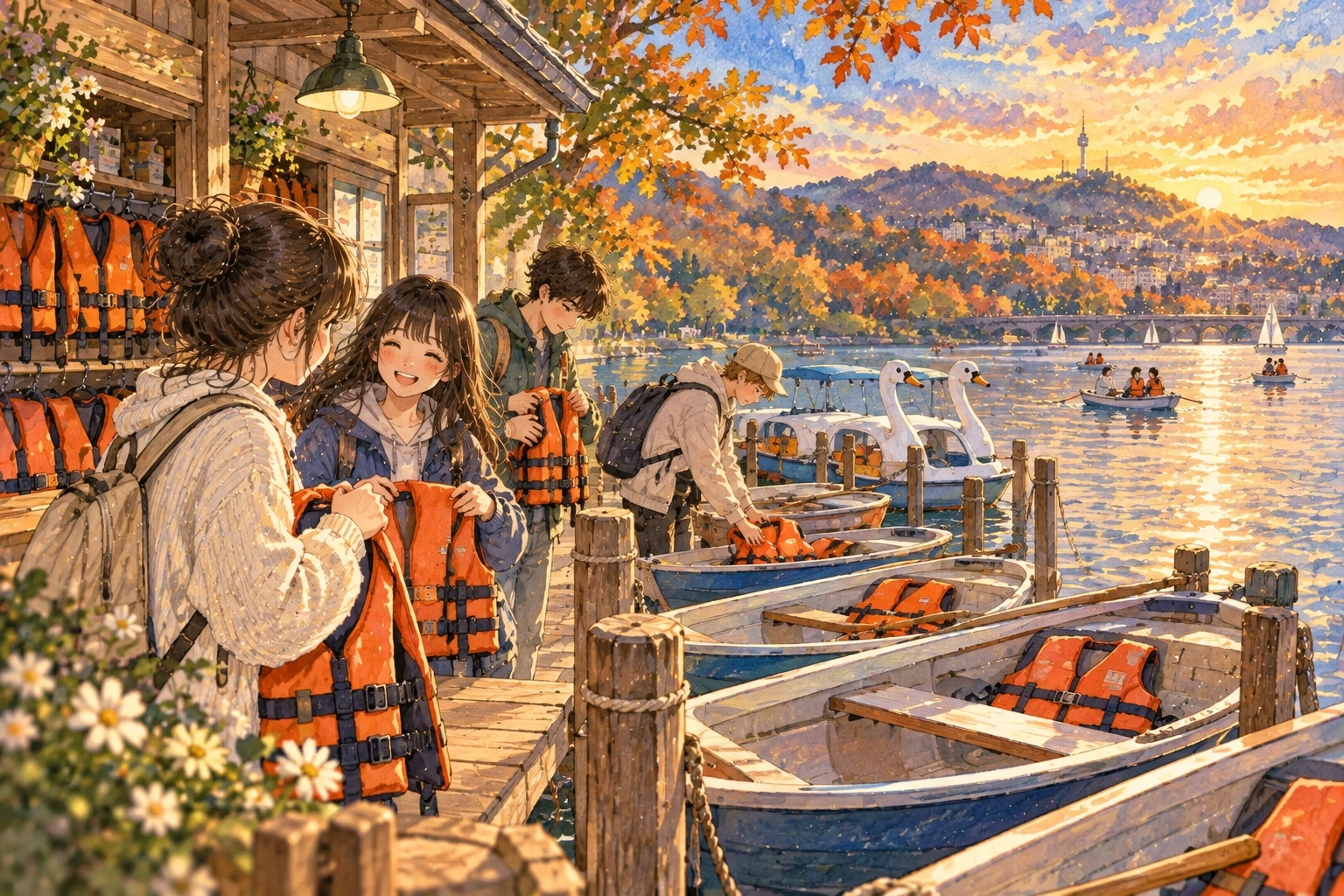 배와 승객마다 다른 안전 장비를 확인하는 선착장
