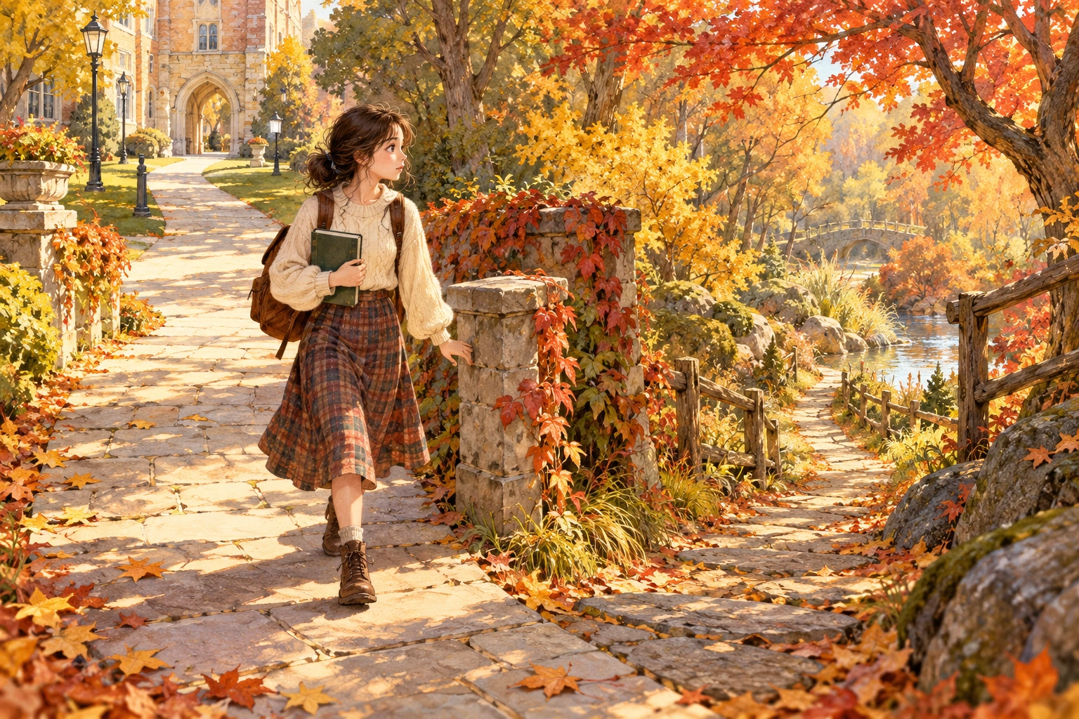 a girl tracing a transition between two garden paths, autumn campus