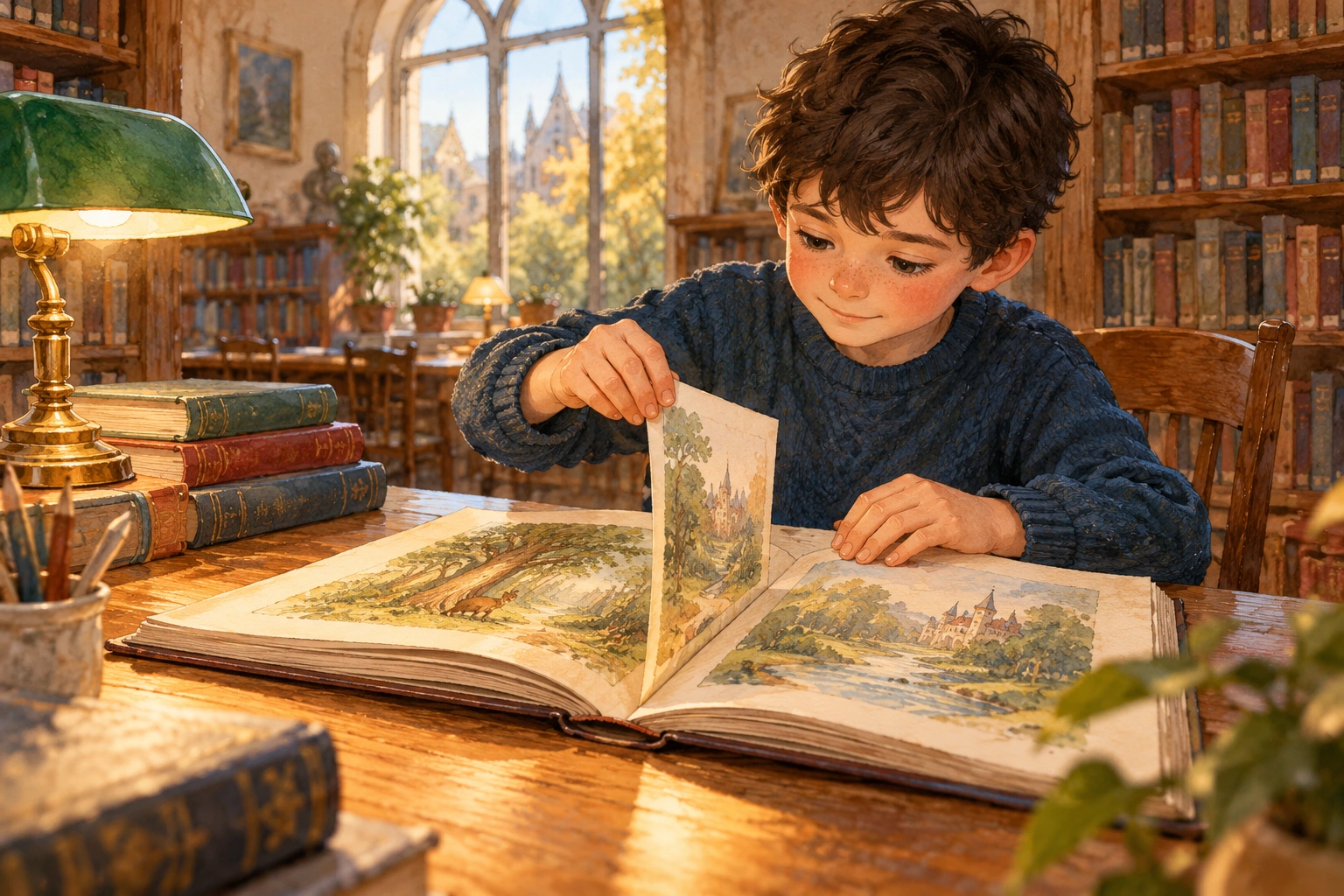 a boy placing a missing page between story pages at library table