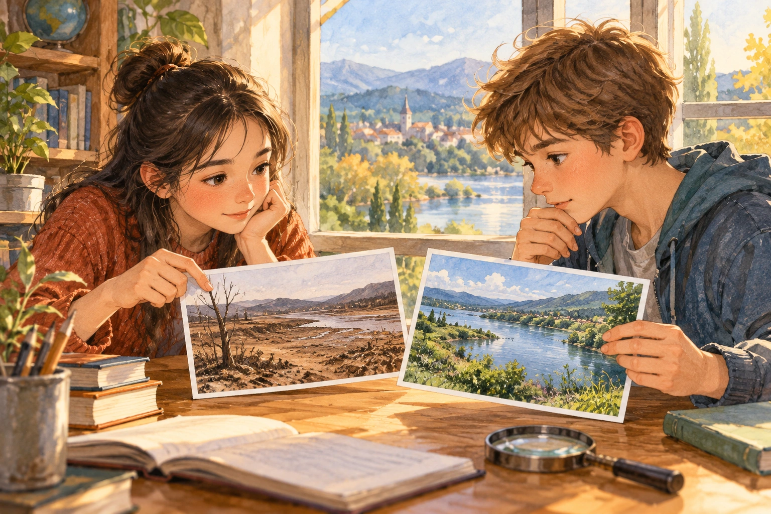 two students comparing before and after landscape photos beside a window